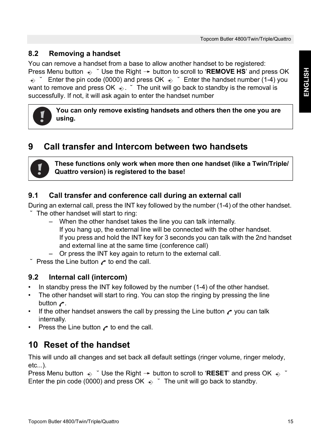 Topcom 4800 manual Call transfer and Intercom between two handsets, Reset of the handset, Removing a handset 