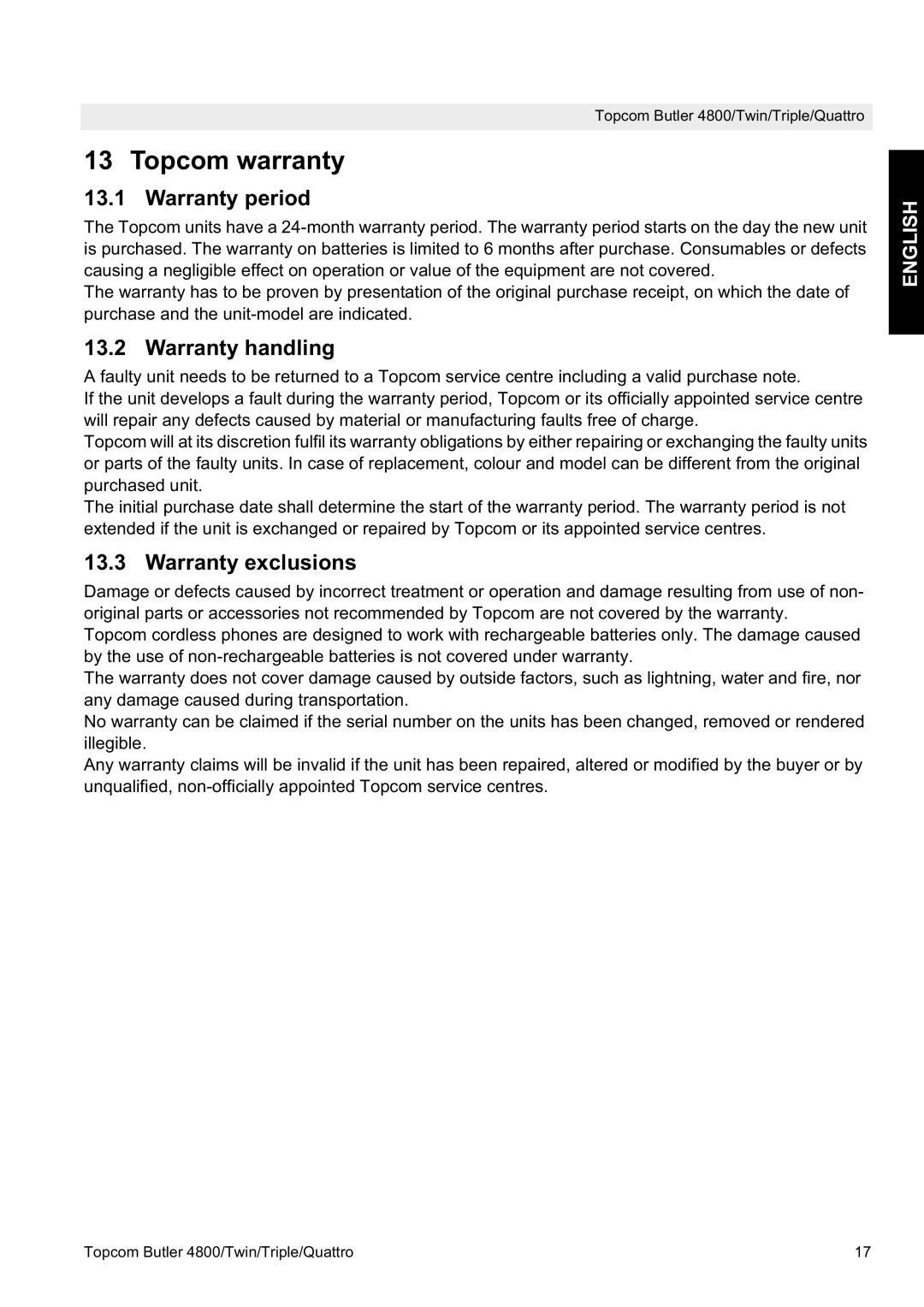 Topcom 4800 manual Topcom warranty, Warranty period, Warranty handling, Warranty exclusions 