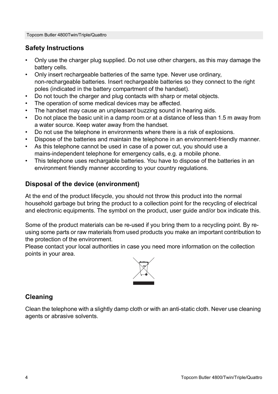 Topcom 4800 manual Safety Instructions, Disposal of the device environment, Cleaning 