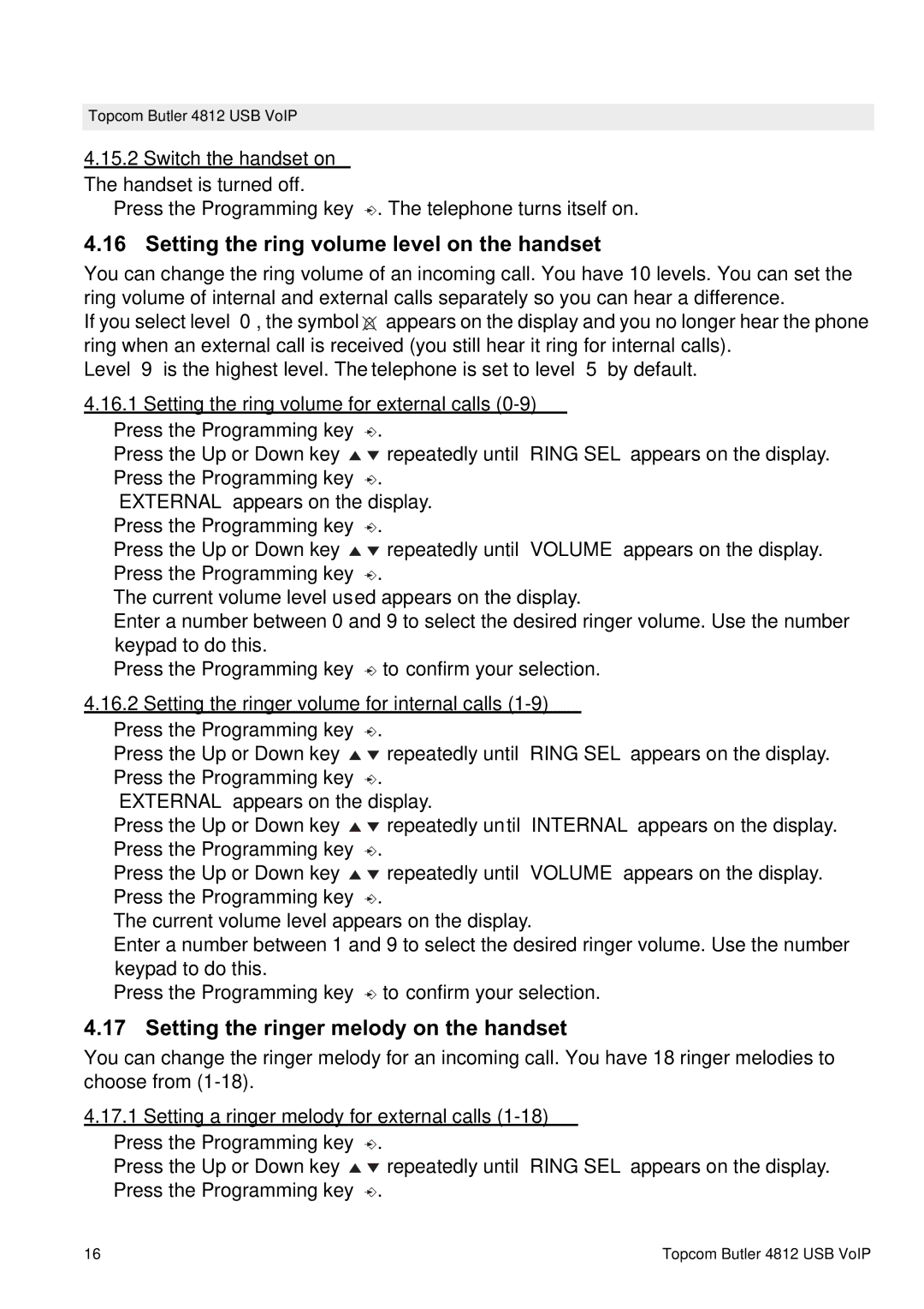 Topcom 4812 USB VOIP manual Setting the ring volume level on the handset, Setting the ringer melody on the handset 