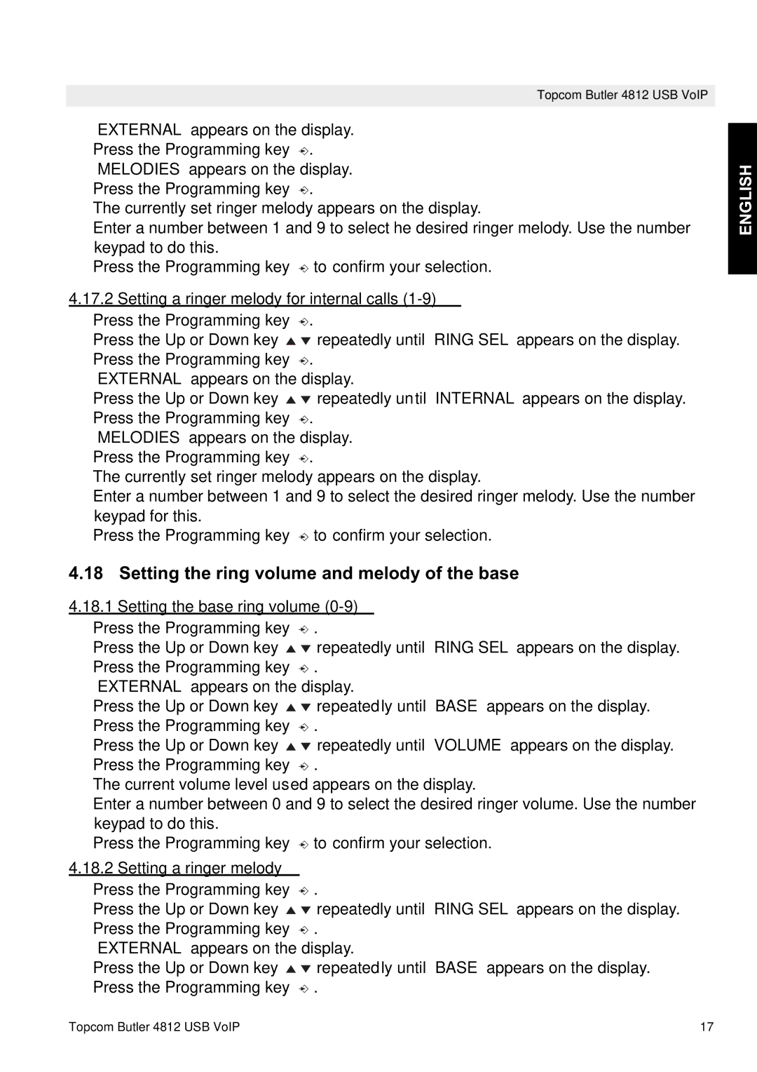 Topcom 4812 USB VOIP manual Setting the ring volume and melody of the base, Setting a ringer melody for internal calls 