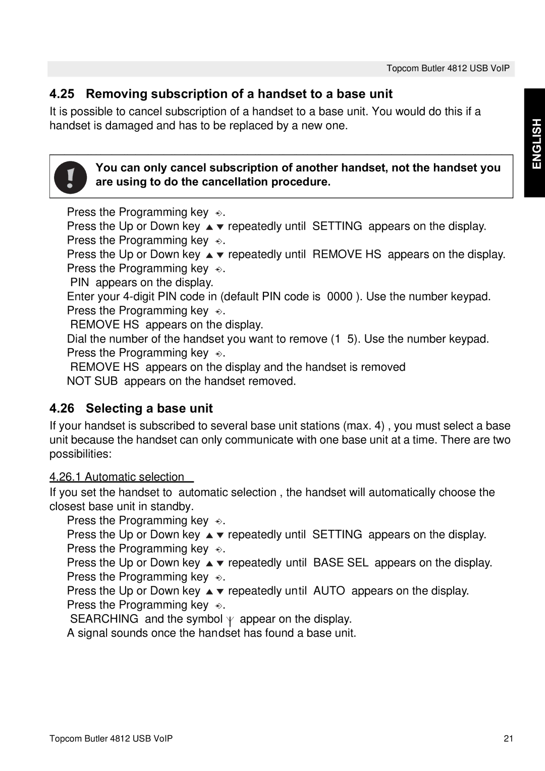 Topcom 4812 USB VOIP manual Removing subscription of a handset to a base unit, Selecting a base unit, Automatic selection 