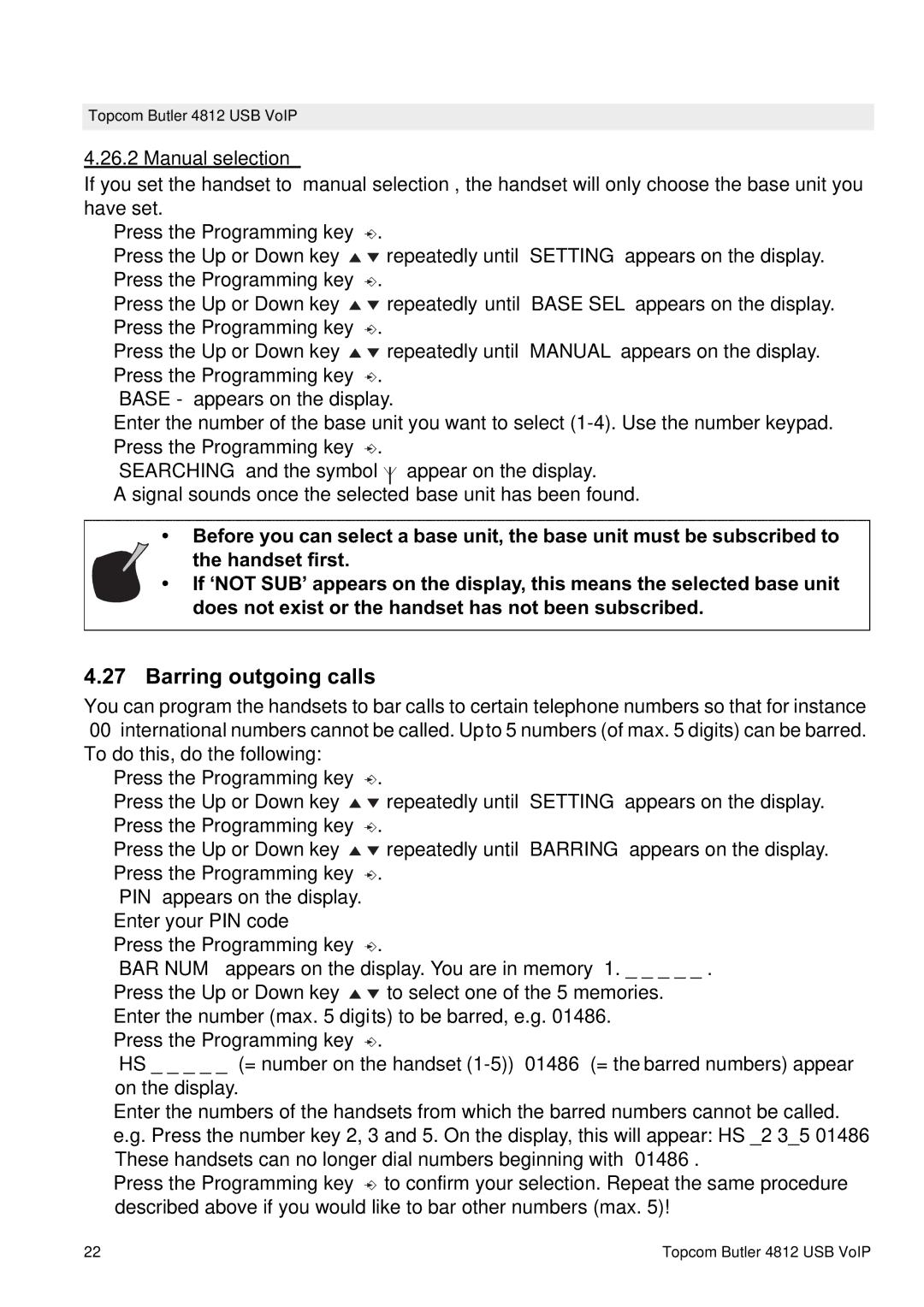 Topcom 4812 USB VOIP manual Barring outgoing calls, Manual selection 