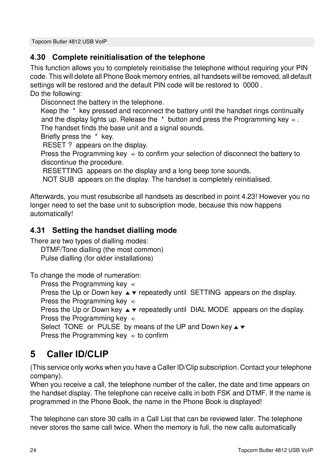 Topcom 4812 USB VOIP manual Caller ID/CLIP, Complete reinitialisation of the telephone, Setting the handset dialling mode 