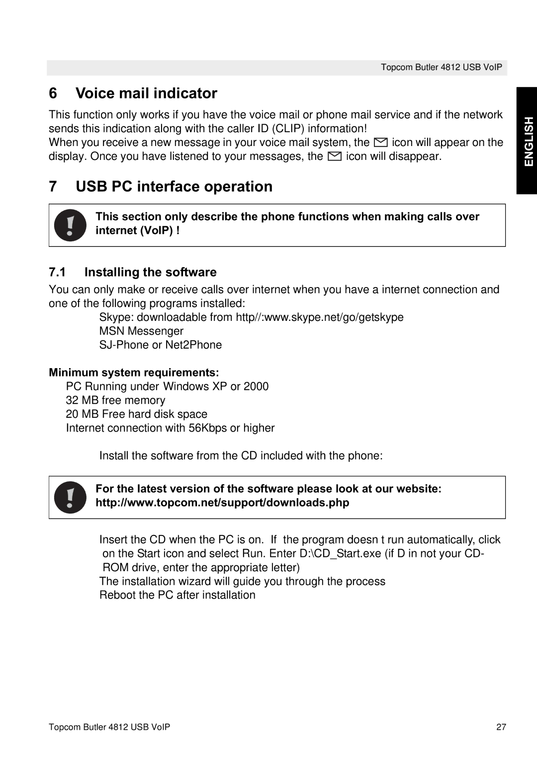 Topcom 4812 USB VOIP manual Voice mail indicator, USB PC interface operation, Installing the software 