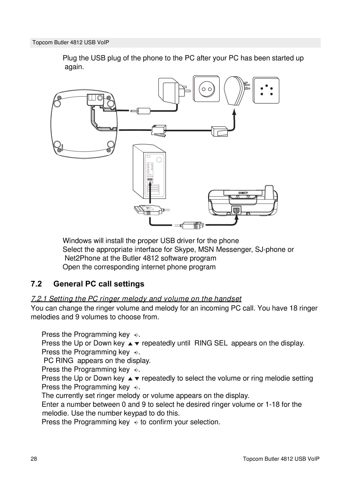 Topcom 4812 USB VOIP manual General PC call settings, Setting the PC ringer melody and volume on the handset 