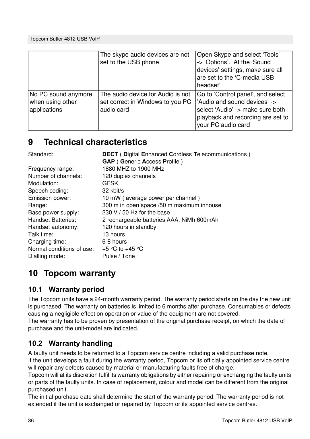 Topcom 4812 USB VOIP manual Technical characteristics, Topcom warranty, Warranty period, Warranty handling 