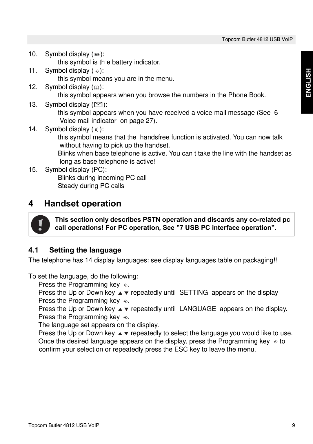 Topcom 4812 USB VOIP manual Handset operation, Setting the language 