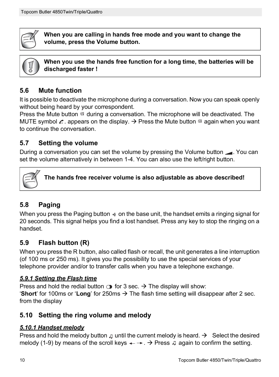 Topcom 4850 manual Mute function, Setting the volume, Paging, Flash button R, Setting the ring volume and melody 