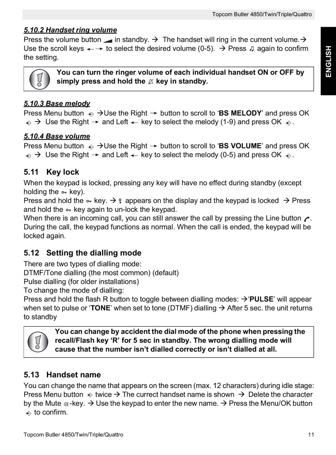 Topcom 4850 manual Key lock, Setting the dialling mode, Handset name 