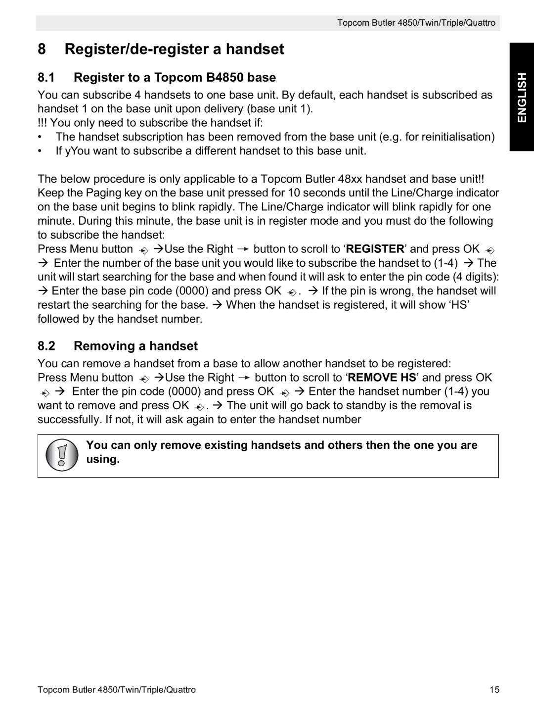 Topcom manual Register/de-register a handset, Register to a Topcom B4850 base, Removing a handset 