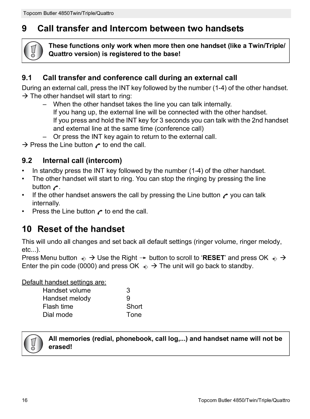 Topcom 4850 manual Call transfer and Intercom between two handsets, Reset of the handset, Internal call intercom 