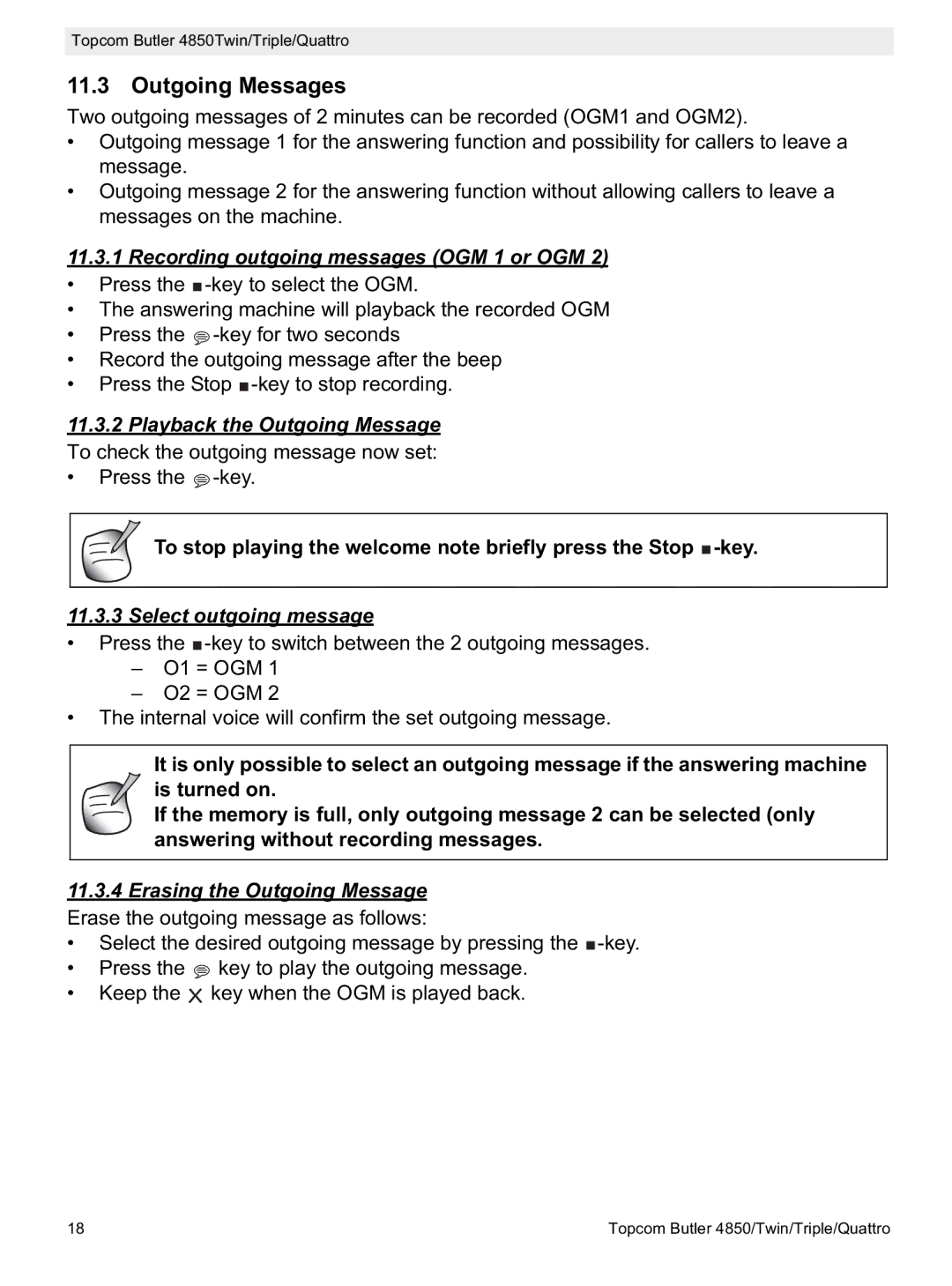 Topcom 4850 manual Outgoing Messages, Recording outgoing messages OGM 1 or OGM, Playback the Outgoing Message 