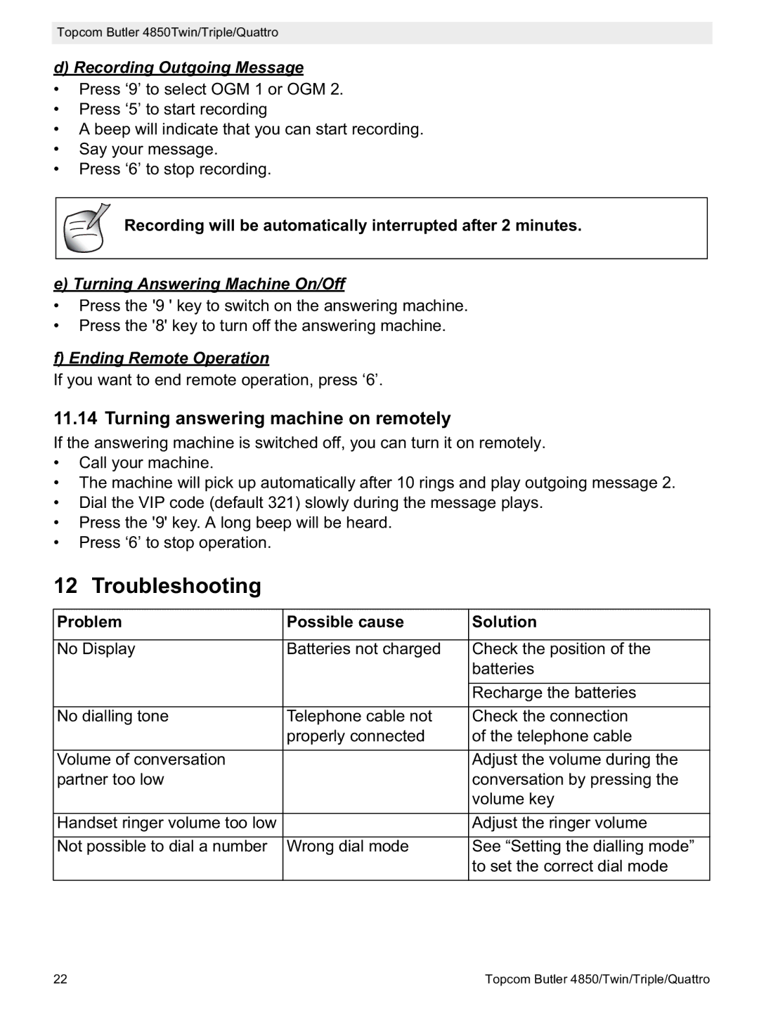 Topcom 4850 Troubleshooting, Turning answering machine on remotely, Recording Outgoing Message, Ending Remote Operation 