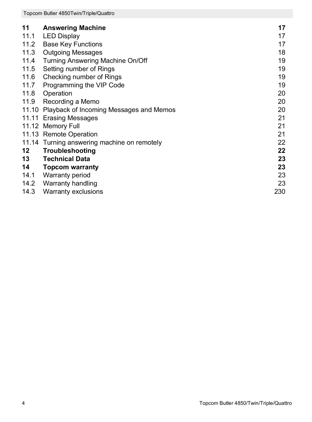 Topcom 4850 manual Answering Machine, Troubleshooting Technical Data Topcom warranty 