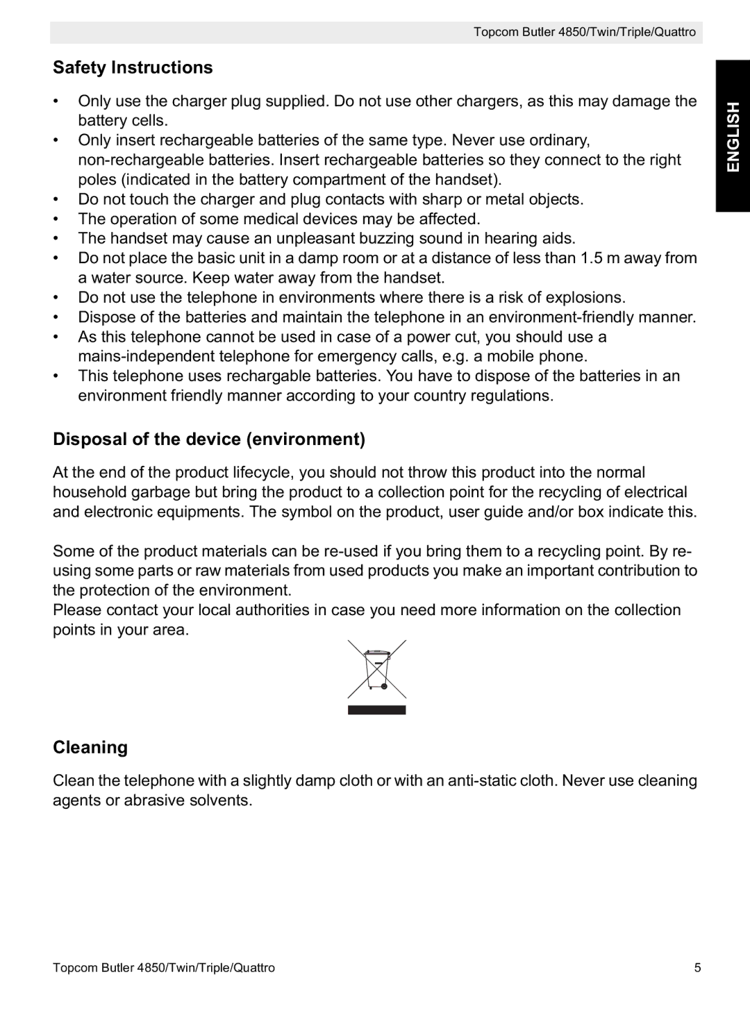 Topcom 4850 manual Safety Instructions, Disposal of the device environment, Cleaning 