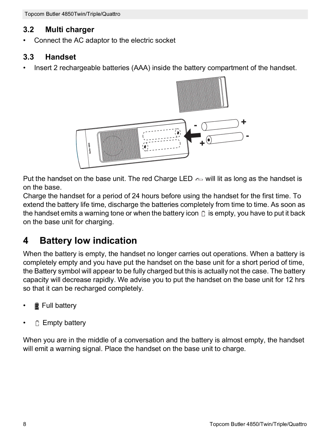 Topcom 4850 manual Battery low indication, Multi charger, Handset 