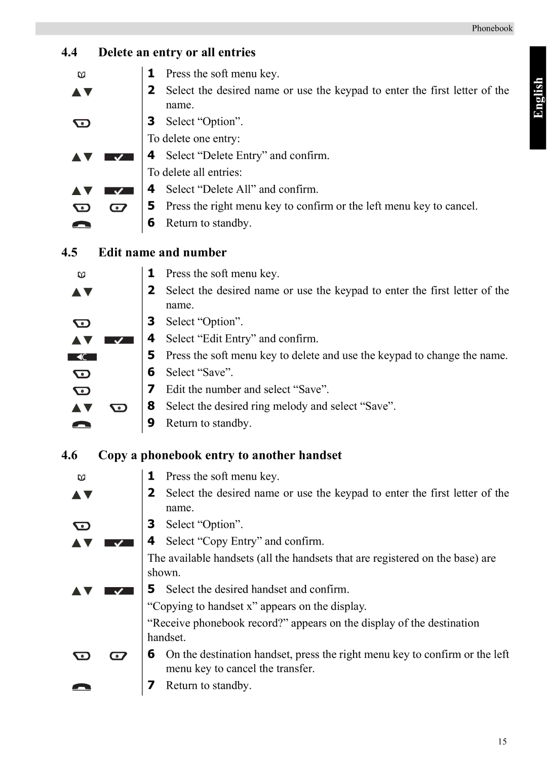 Topcom 4872 manual Delete an entry or all entries, Edit name and number, Copy a phonebook entry to another handset 