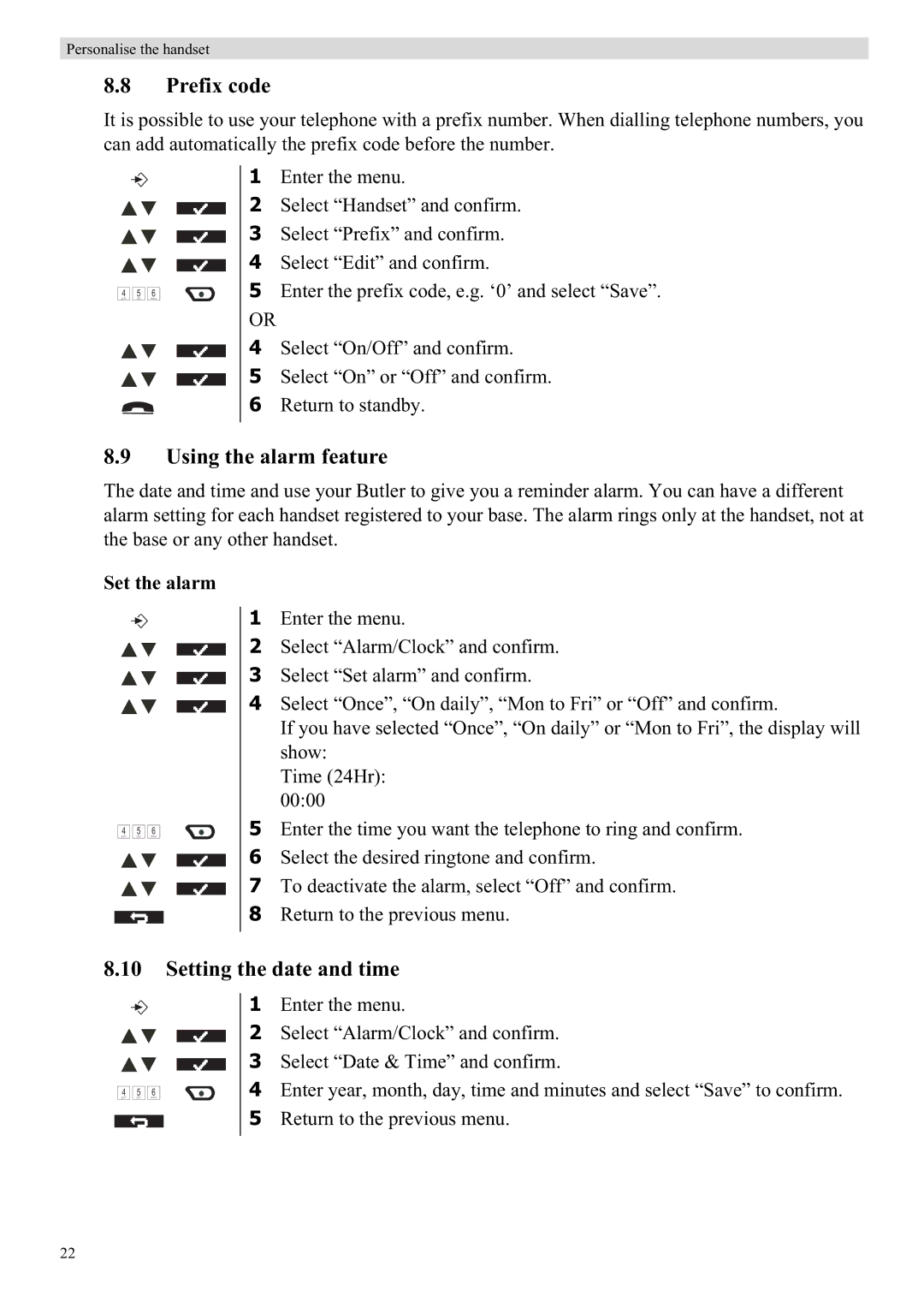 Topcom 4872 manual Prefix code, Using the alarm feature, Setting the date and time, Set the alarm 