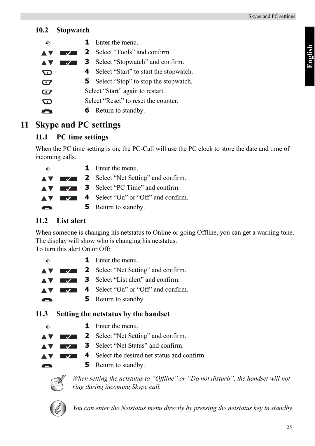 Topcom 4872 manual Skype and PC settings, Stopwatch, PC time settings, List alert, Setting the netstatus by the handset 