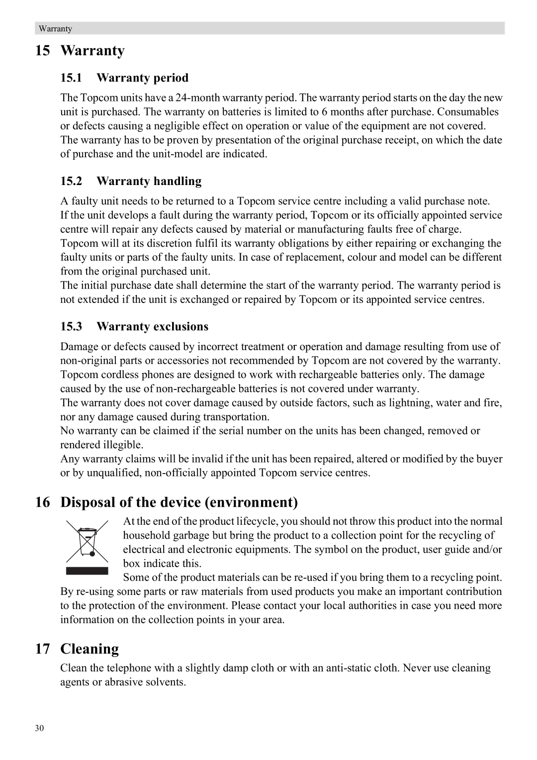 Topcom 4872 manual Warranty, Disposal of the device environment, Cleaning 