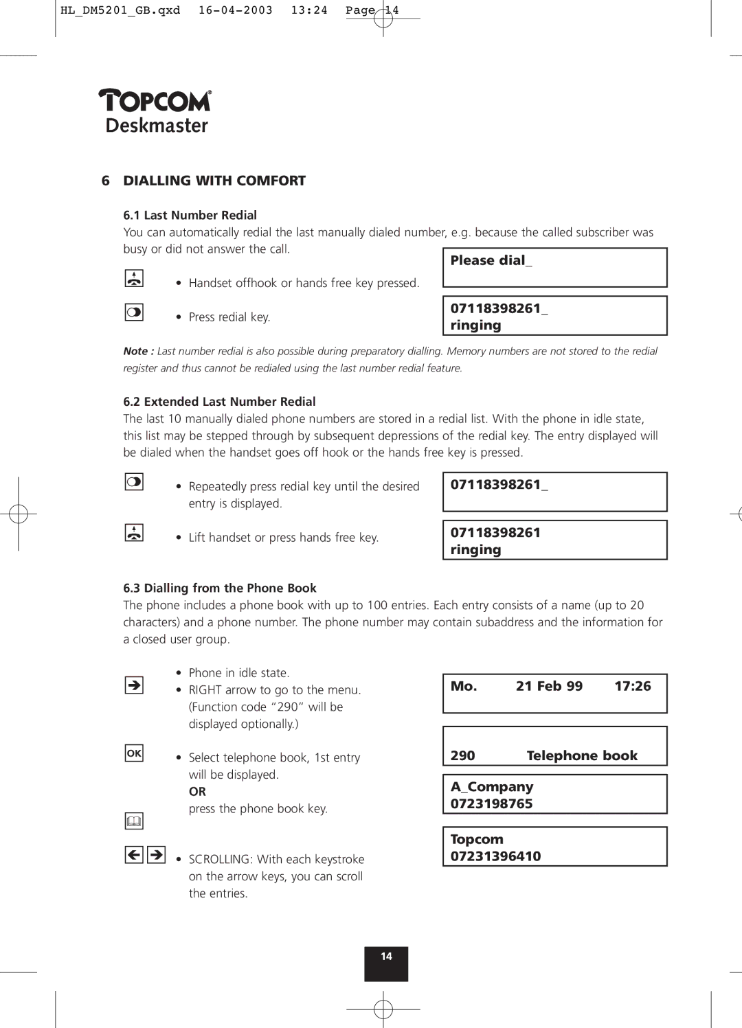 Topcom 520, 500, 510 manual Dialling with Comfort, Ringing, Feb 1726 Telephone book ACompany Topcom 