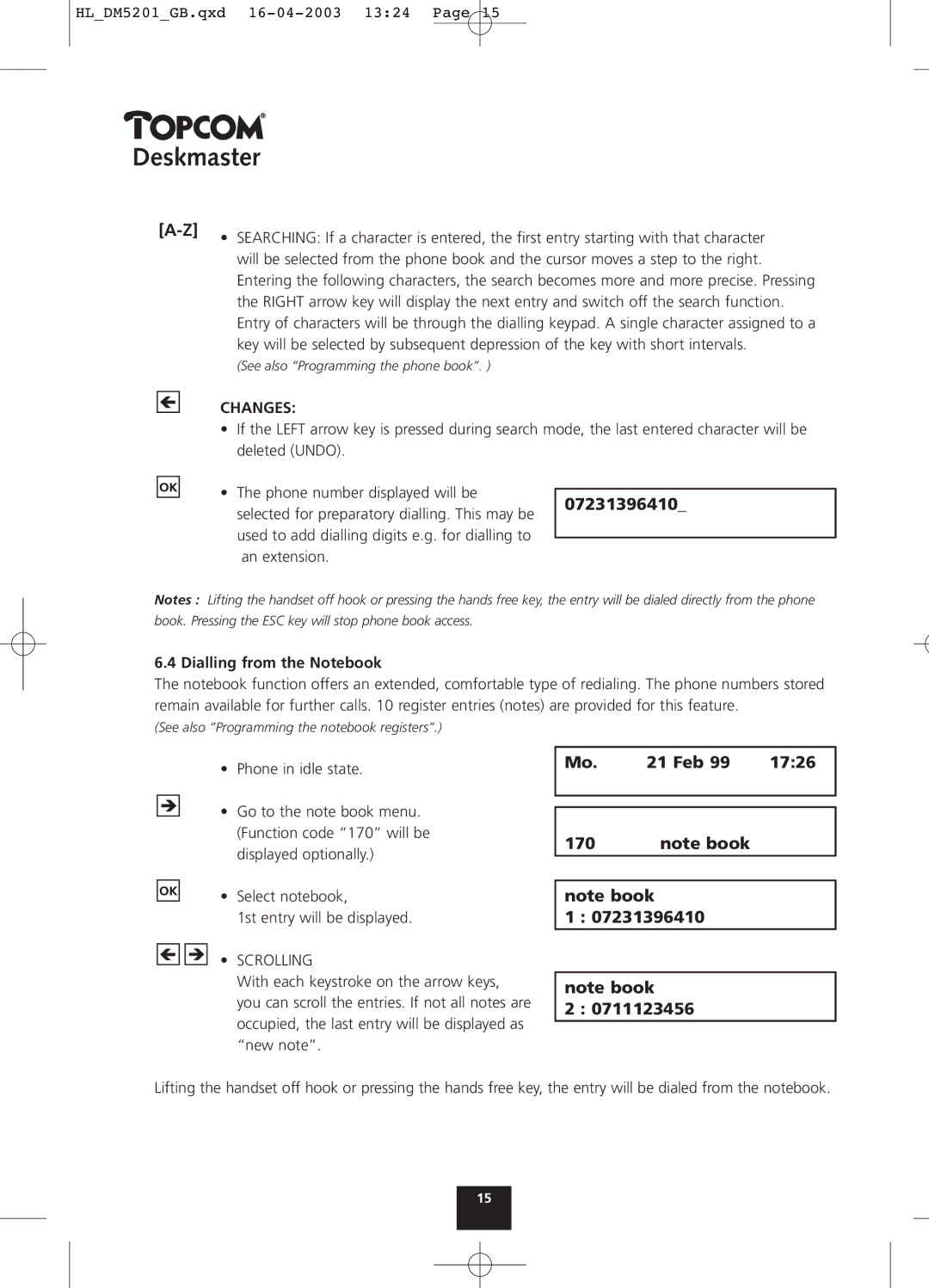 Topcom 500, 510, 520 manual 07231396410, Feb 1726 170, Dialling from the Notebook 