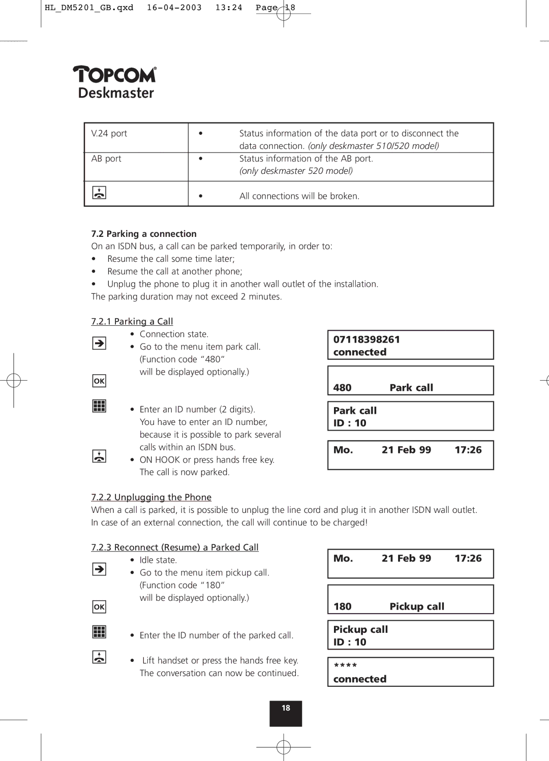 Topcom 500, 510, 520 manual Connected 480 Park call 21 Feb 1726, Feb 1726 180 Pickup call Connected, Parking a connection 