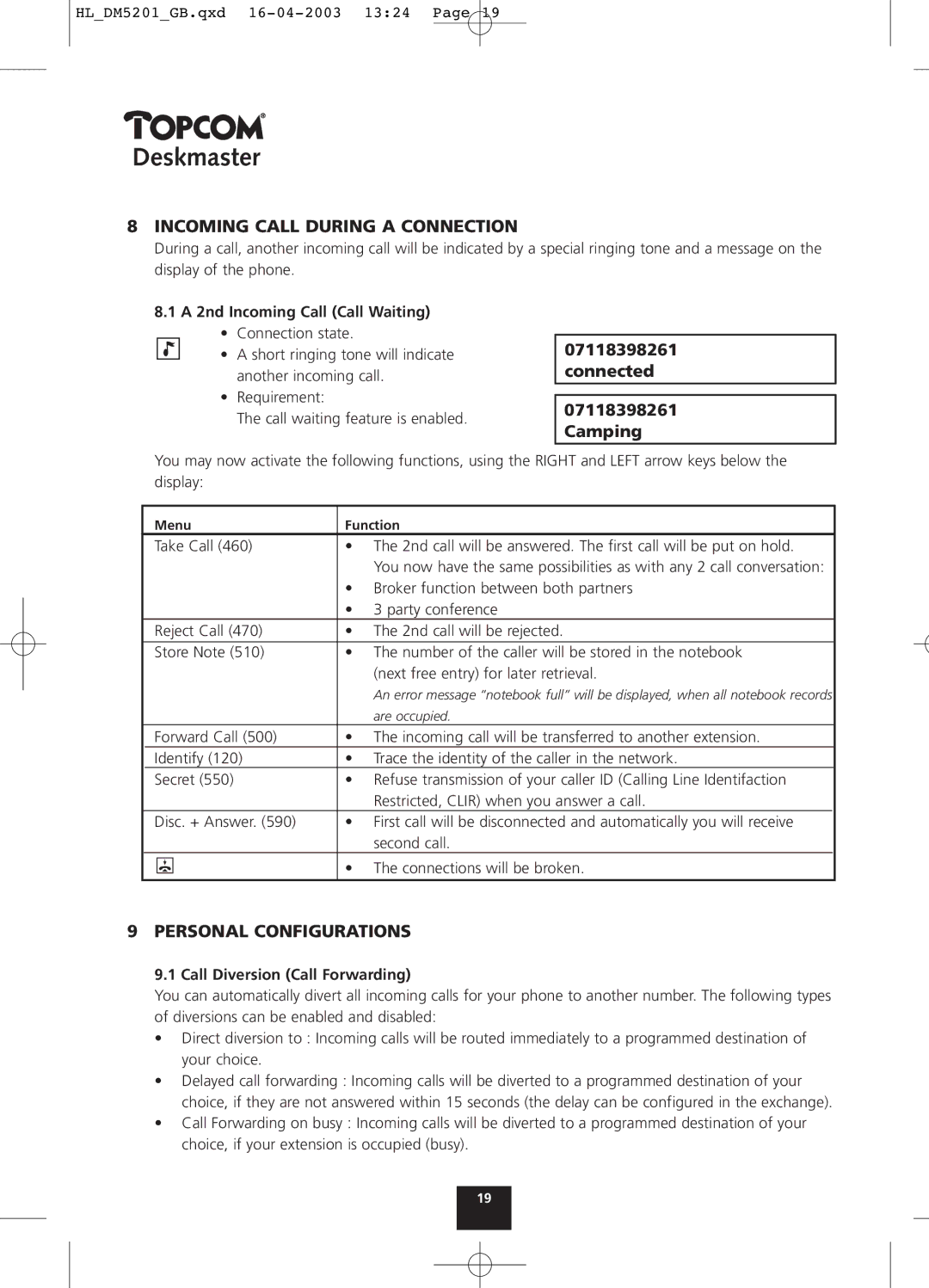 Topcom 510 Incoming Call During a Connection, Connected Camping, Personal Configurations, A 2nd Incoming Call Call Waiting 