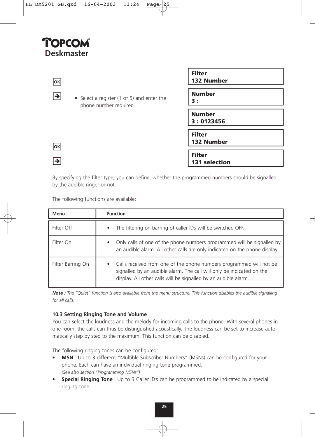 Topcom 510, 500, 520 manual Filter Number Selection, Setting Ringing Tone and Volume 