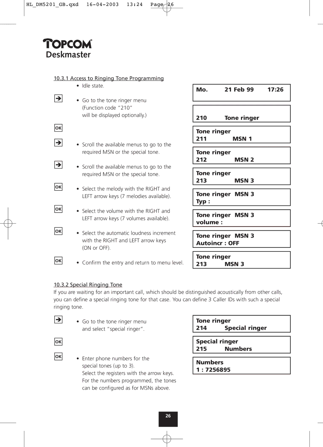 Topcom 520, 500, 510 manual Feb 99, Tone ringer 211, 212, 213, Tone ringer Special ringer Numbers 