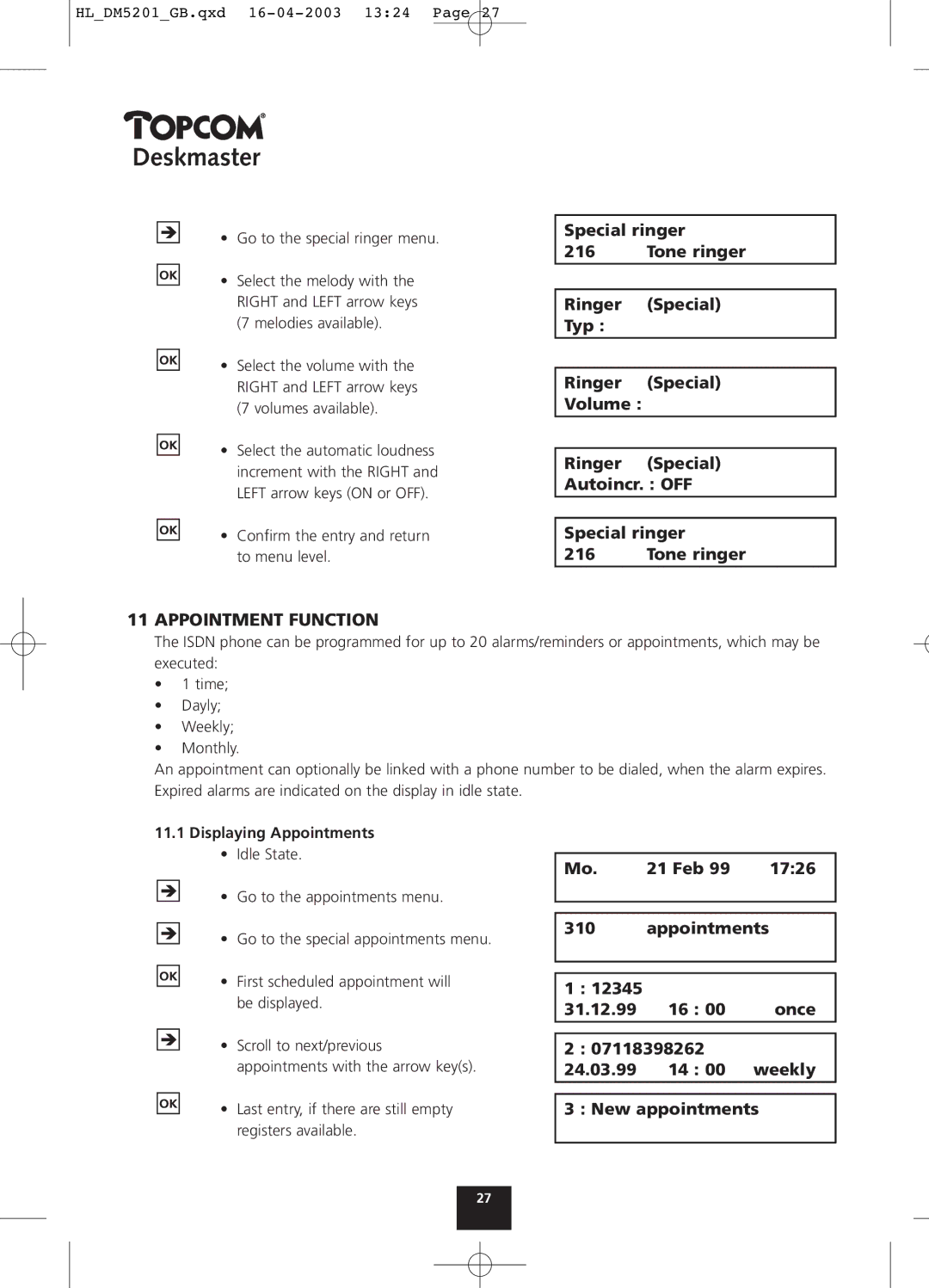 Topcom 500, 510, 520 manual Appointment Function, Displaying Appointments 