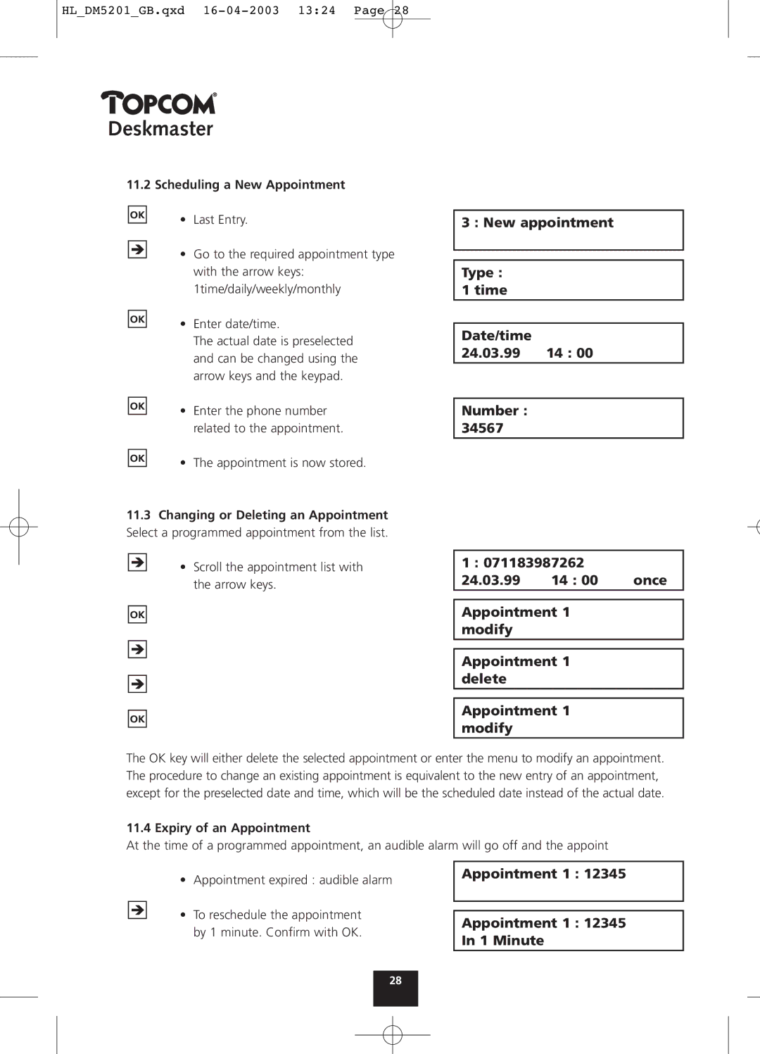 Topcom 510, 500, 520 Appointment 1 Appointment 1 12345 In 1 Minute, Scheduling a New Appointment, Expiry of an Appointment 