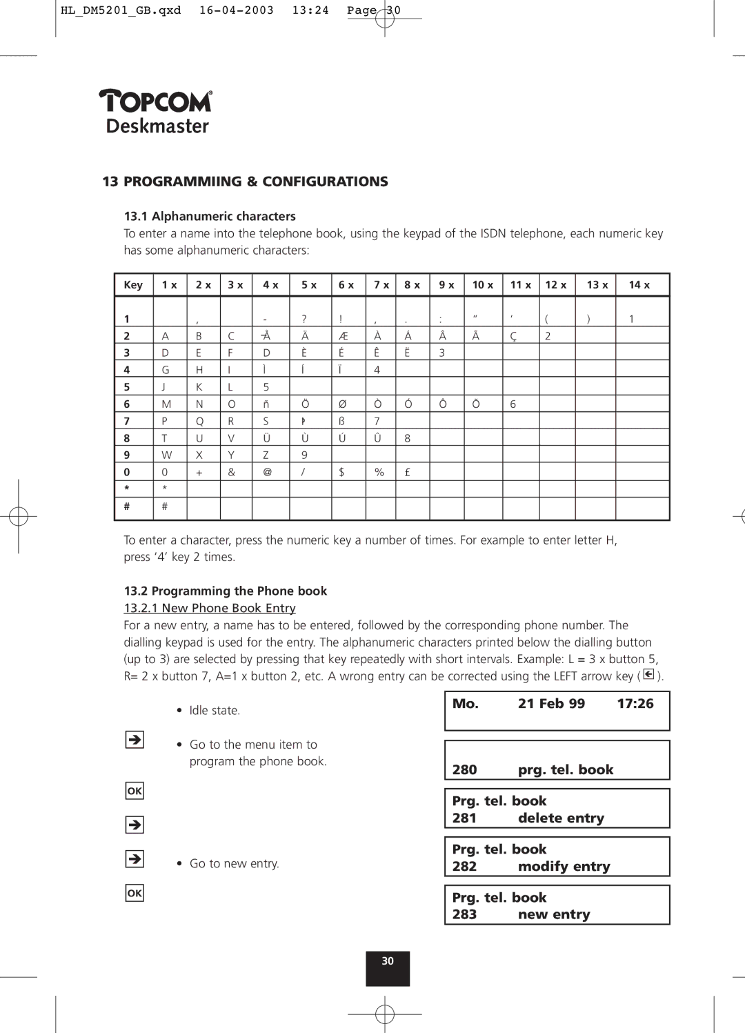 Topcom 500 Programmiing & Configurations, Alphanumeric characters, Programming the Phone book 13.2.1 New Phone Book Entry 