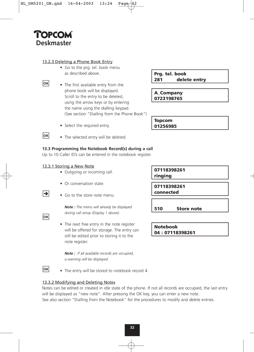 Topcom 520, 500, 510 manual Prg. tel. book Delete entry ACompany, Store note 