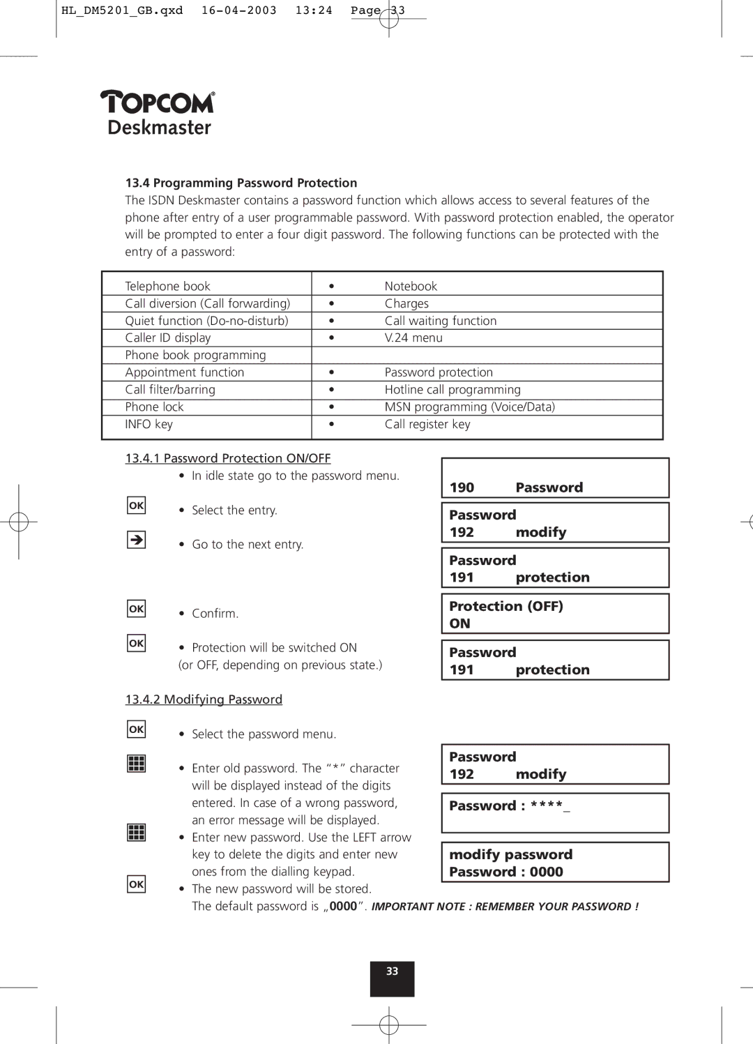 Topcom 500, 510, 520 manual Password Modify Protection, Protection OFF, Modify password 