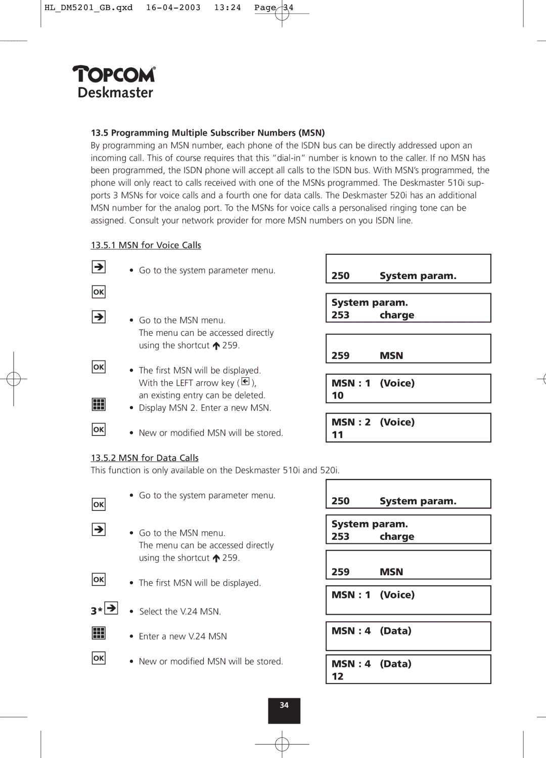 Topcom 510, 500, 520 manual MSN 2 Voice, System param Charge 259 MSN MSN 1 Voice MSN 4 Data 
