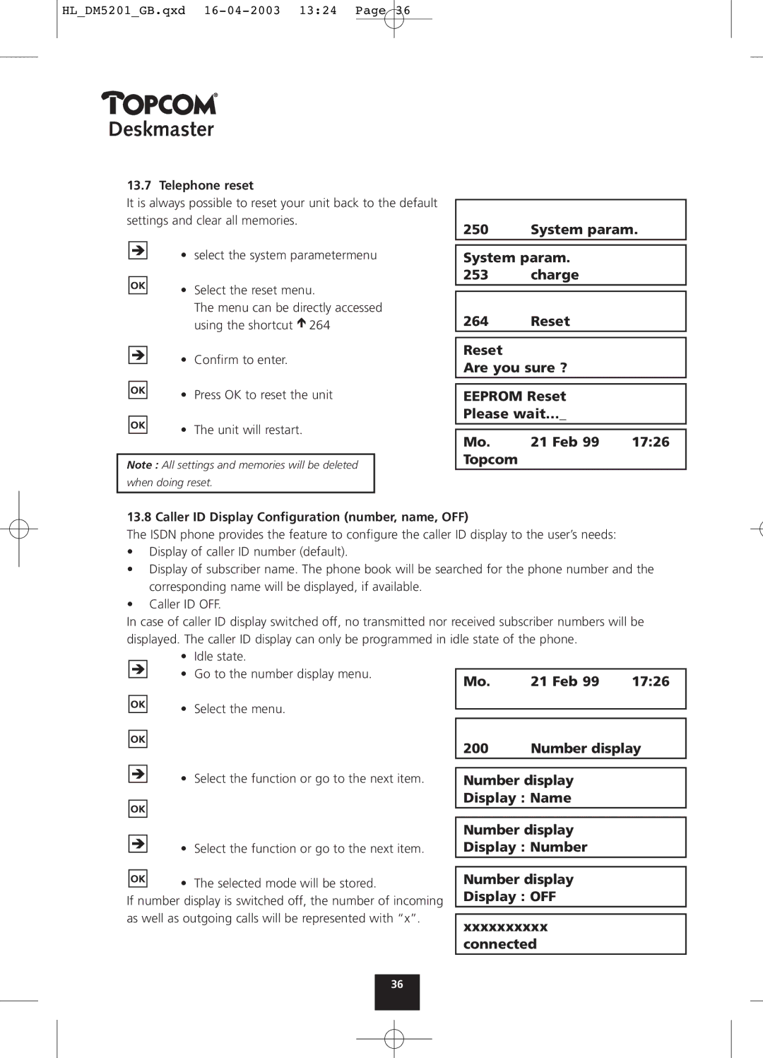 Topcom 500, 510, 520 manual Number display, Telephone reset, Caller ID Display Configuration number, name, OFF 