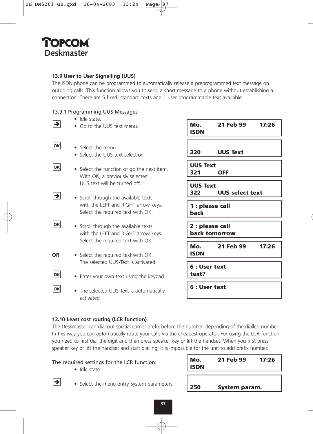 Topcom 510, 500, 520 manual User text text?, System param, User to User Signalling UUS, Least cost routing LCR function 