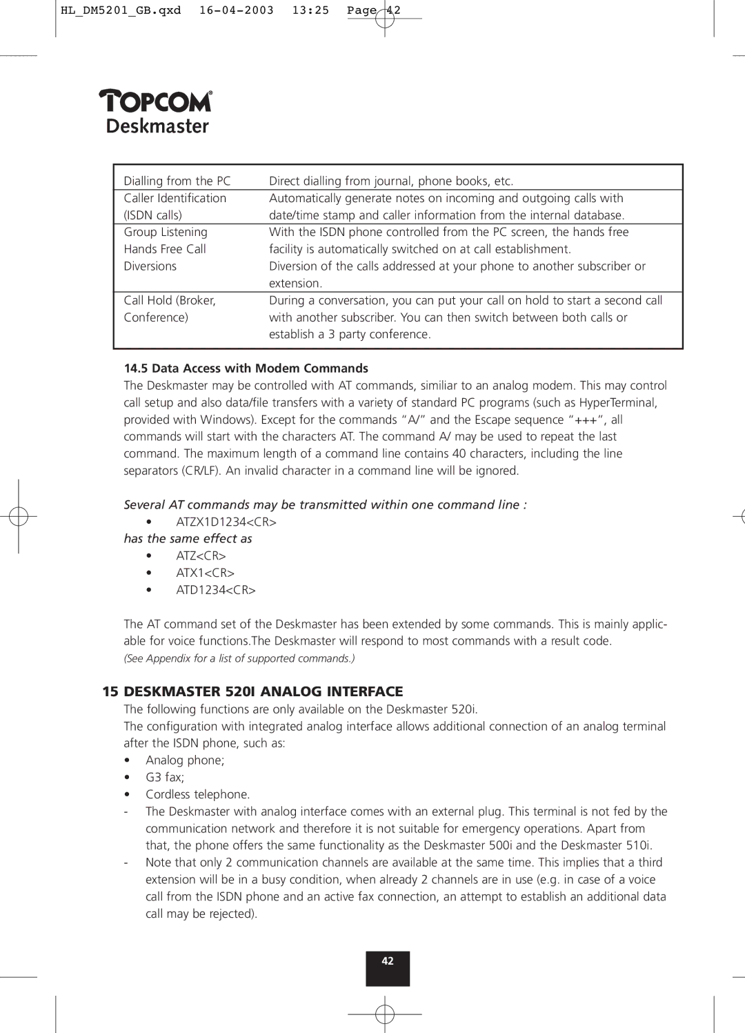 Topcom 500, 510 manual Deskmaster 520I Analog Interface, Data Access with Modem Commands 