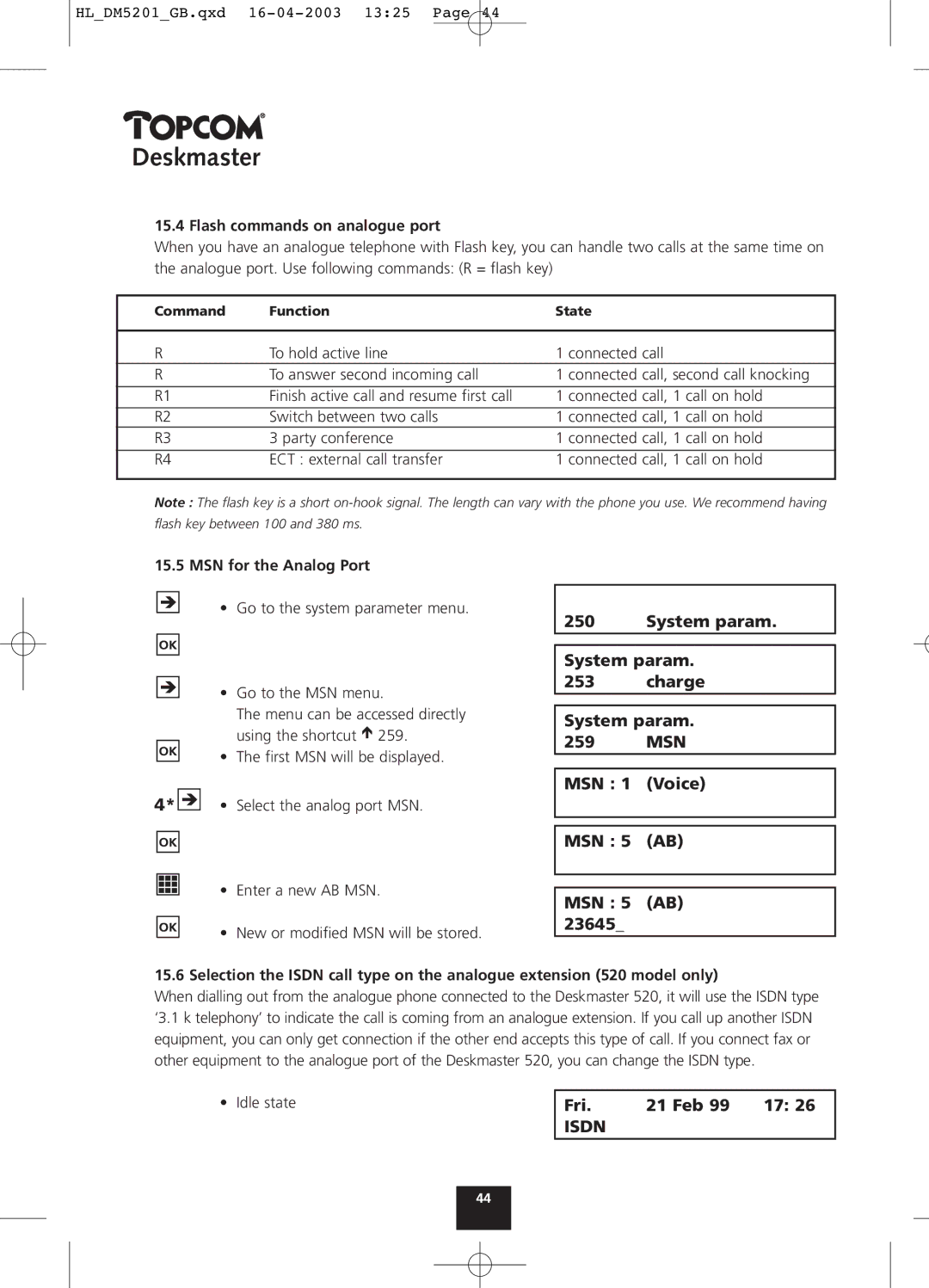 Topcom 520, 500, 510 manual System param Charge 259 MSN MSN 1 Voice MSN 5 AB, Fri 21 Feb, Flash commands on analogue port 