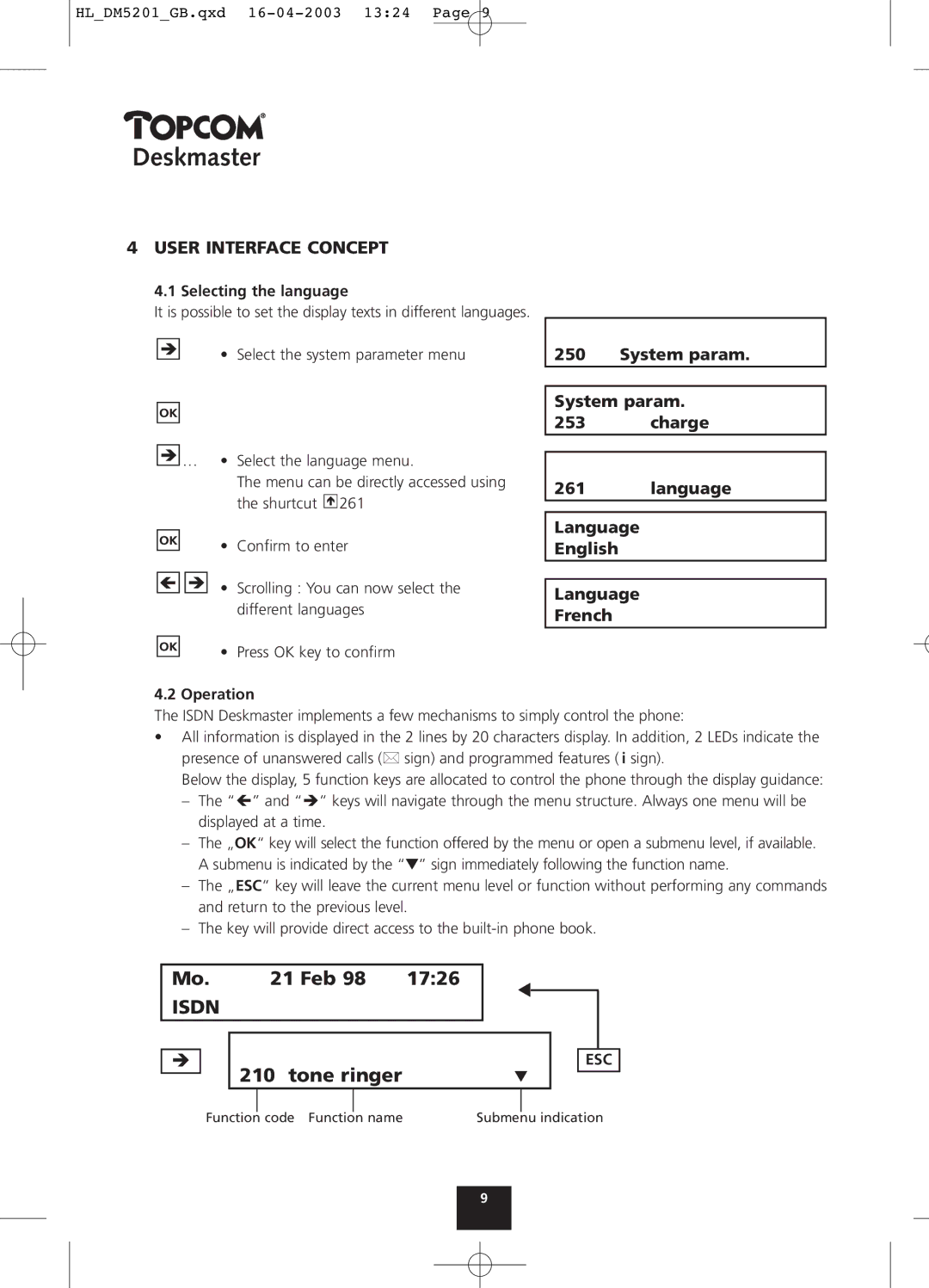 Topcom 500 User Interface Concept, System param Charge Language, Language English Language French, Selecting the language 