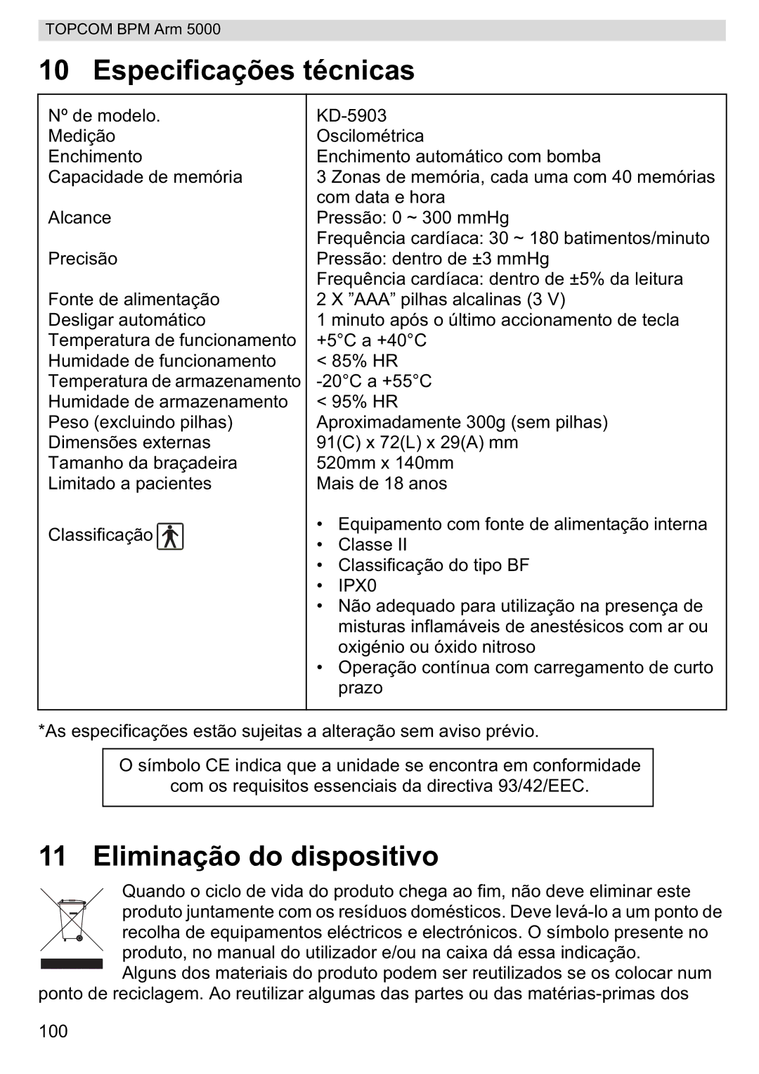 Topcom 5000 manual do utilizador Especificações técnicas, Eliminação do dispositivo 