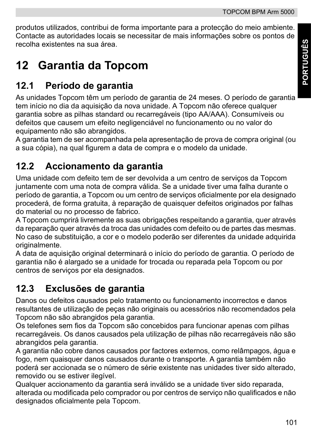 Topcom 5000 Garantia da Topcom, 12.1 Período de garantia, Accionamento da garantia, Exclusões de garantia 