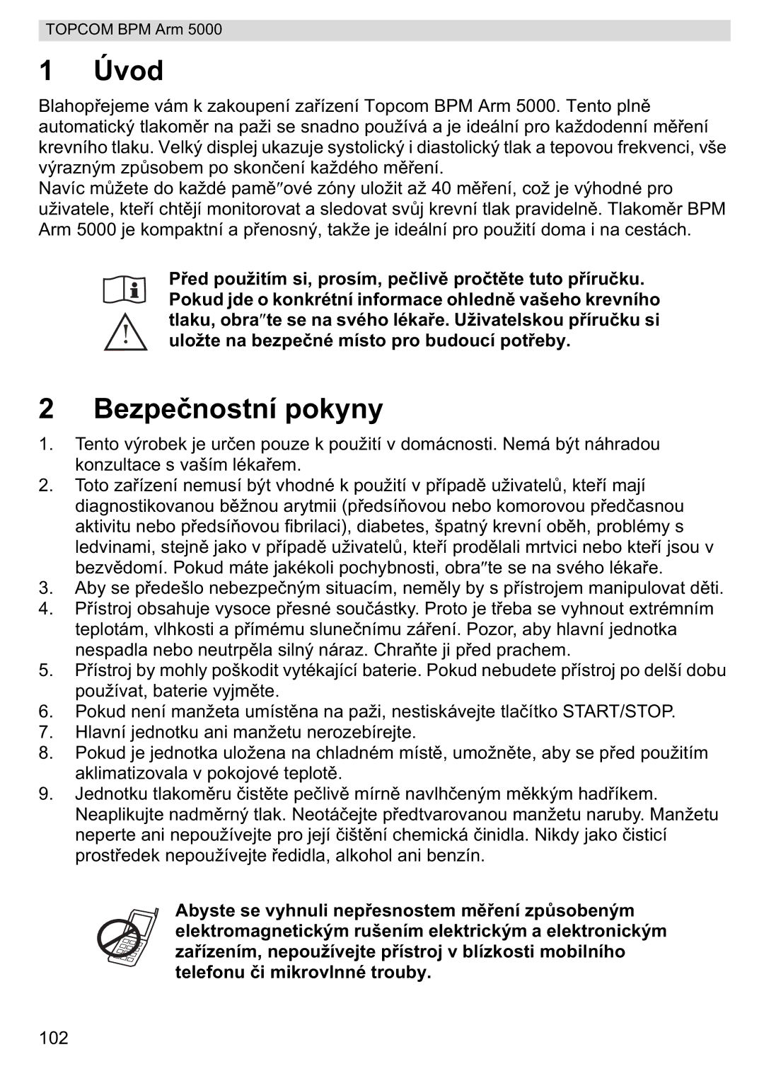 Topcom 5000 manual do utilizador Úvod, Bezpenostní pokyny 