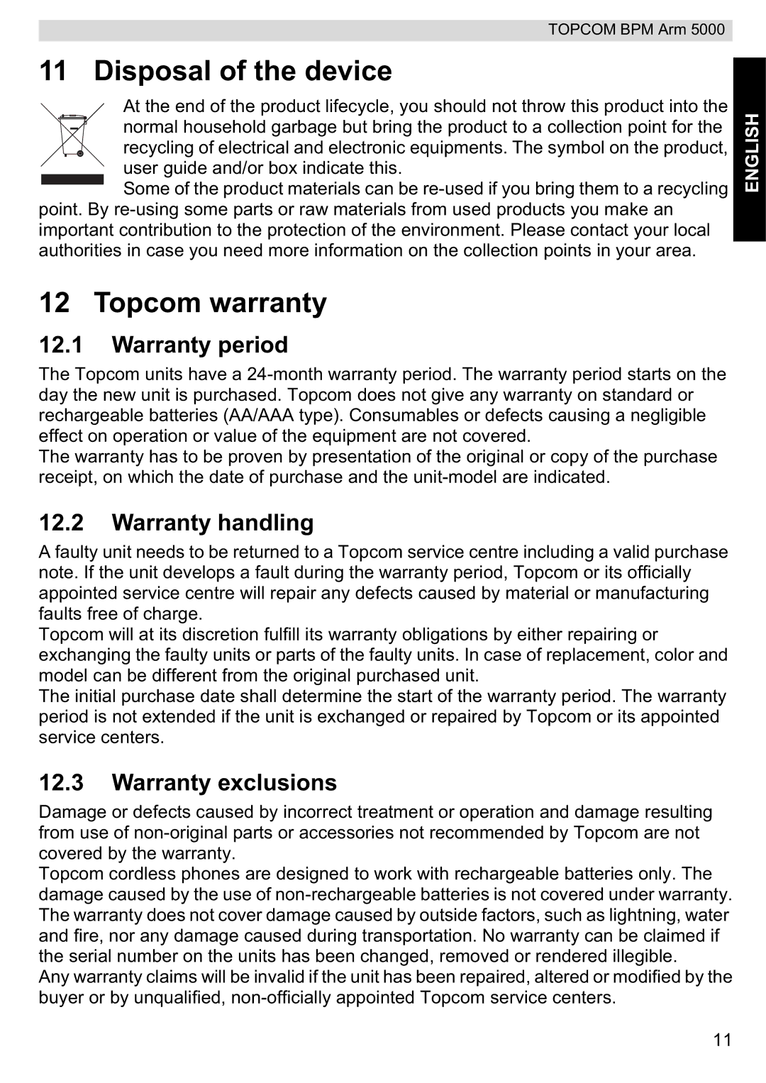 Topcom 5000 Disposal of the device, Topcom warranty, Warranty period, Warranty handling, Warranty exclusions 