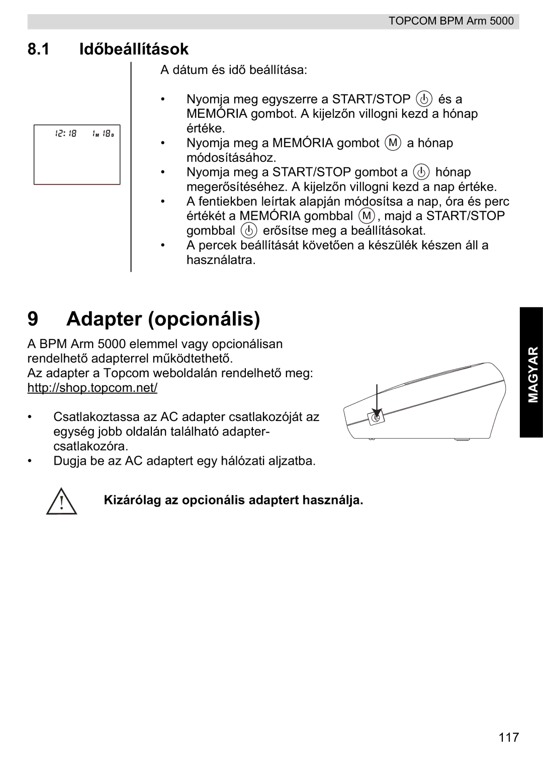 Topcom 5000 manual do utilizador Adapter opcionális, Idbeállítások 