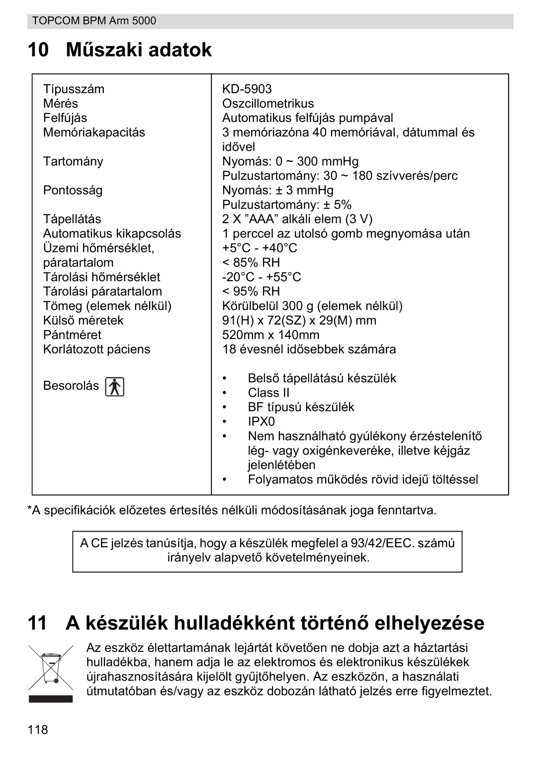 Topcom 5000 manual do utilizador 10 M, 11 a készülék hulladékként történlhelyezése 