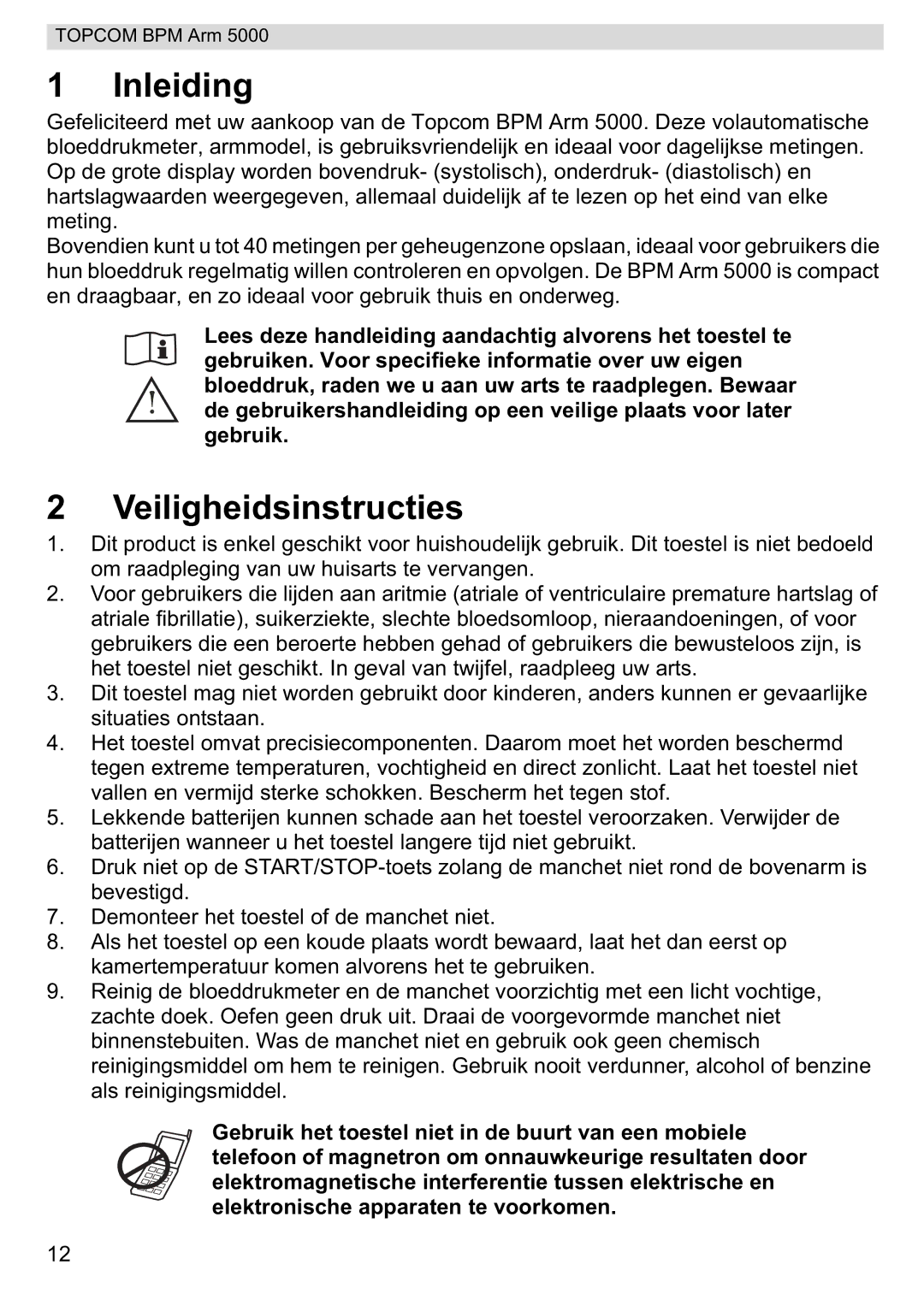 Topcom 5000 manual do utilizador Inleiding, Veiligheidsinstructies 