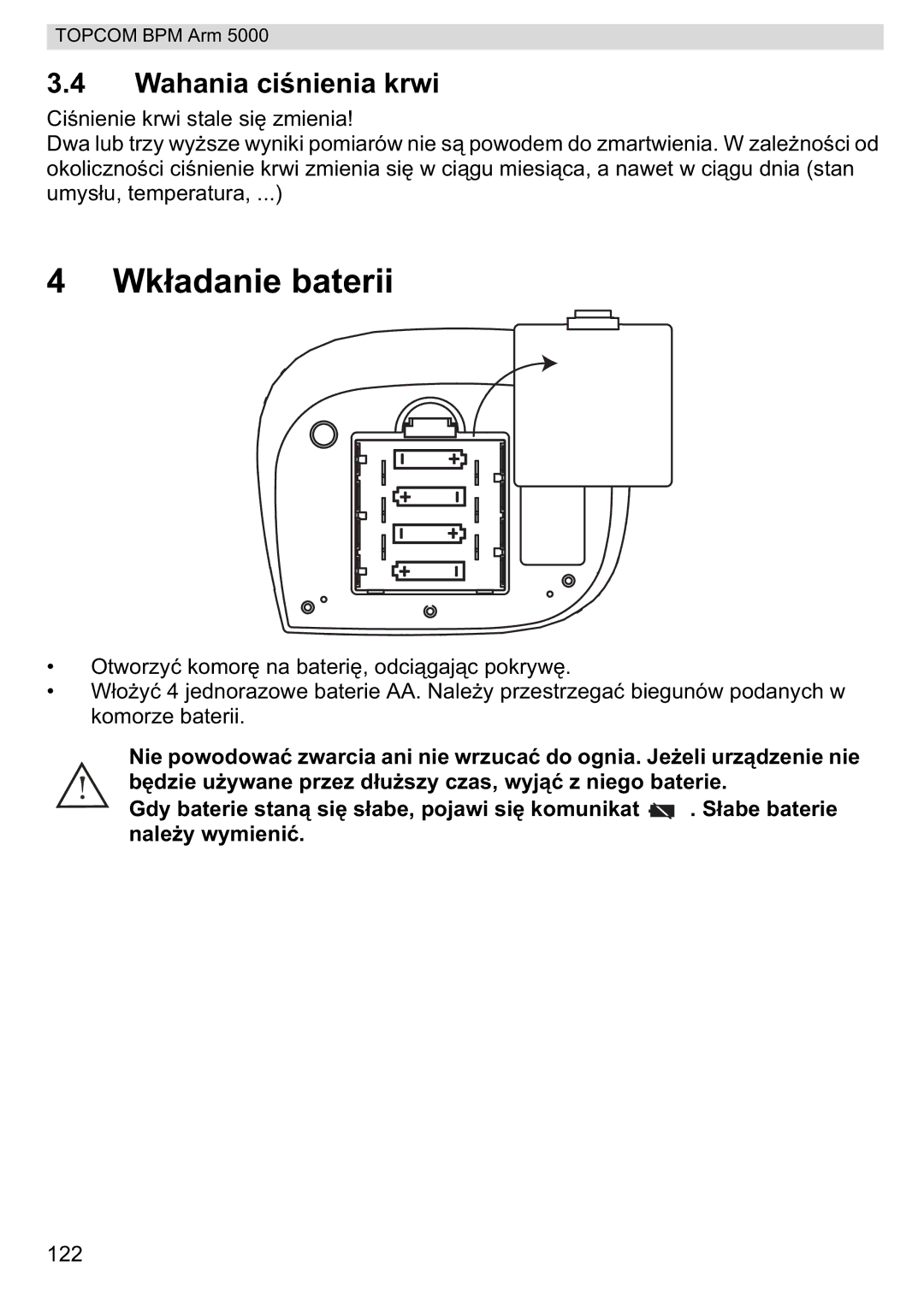 Topcom 5000 manual do utilizador Wknie baterii, Wahania cinienia krwi 